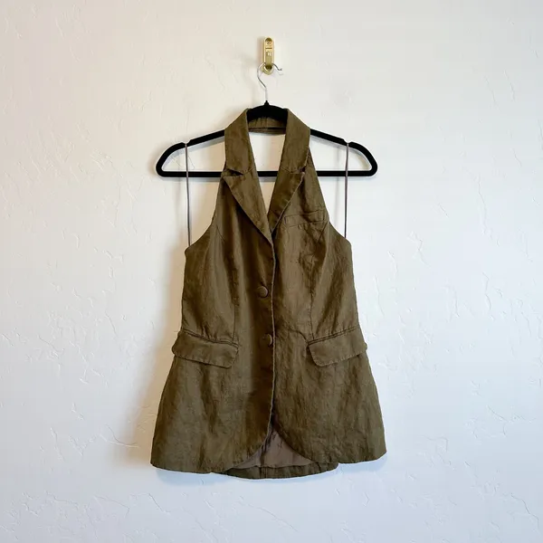 Reformation | Brennan 100% Linen Halter Vest Top in Dark Olive Green‎ - Image 5