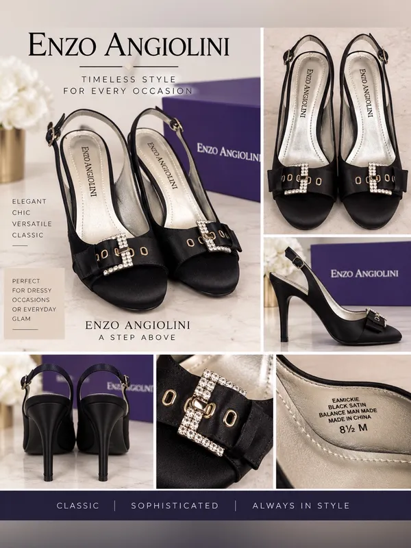 Enzo Angiolini Black Satin Slingback Heels w/Rhinestone Buckle Accent size 8.5 - Image 5