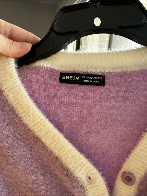 SHEIN Lavender Cropped Fuzzy Eyelash V-Neck Cardigan with Cream Trim - Image 2