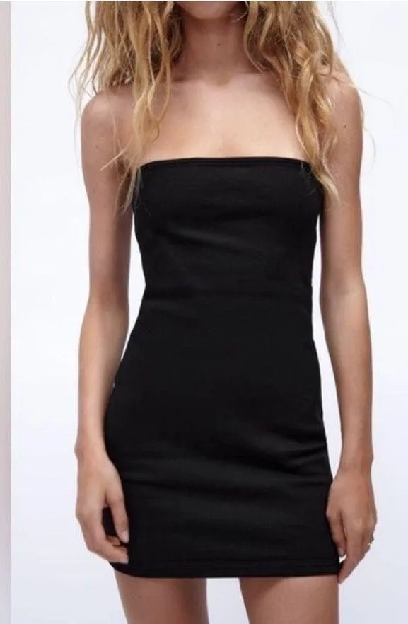 Zara black denim mini strapless dress - Image 2