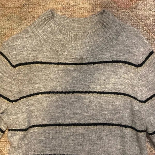 Old Navy Super Soft Grey Mock Neck Sweater with Black & Metallic Silver Stripes - Image 3