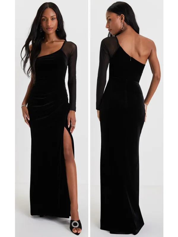 Lulus Lavish Style Black Velvet Mesh One-Shoulder Maxi Dress Size Medium Formal - Image 2