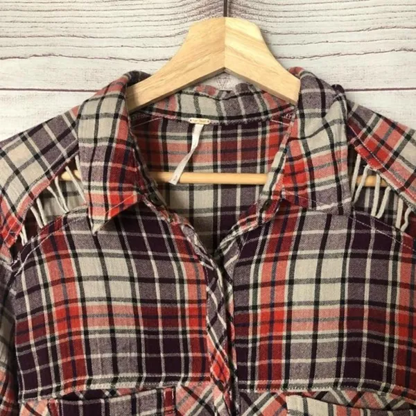 Free People Plaid Lace Gauzy Flannel Snap Button S‎ - Image 6