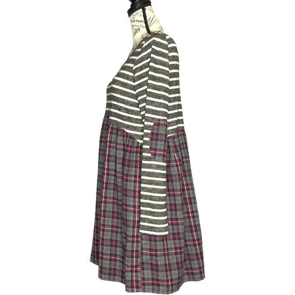 Andrée by Unit (M) Striped Plaid Pocket Elbow Patch Pocketed Swing Dress - Image 3