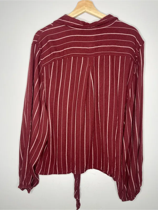 American Eagle Maroon Striped Tie-Front Button Up Blouse (X-Large) - Image 5