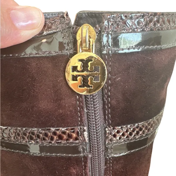 Tory Burch Brown Suede Riding Boots Snakeskin Gold Logo Knee High Sz 8 - Image 8
