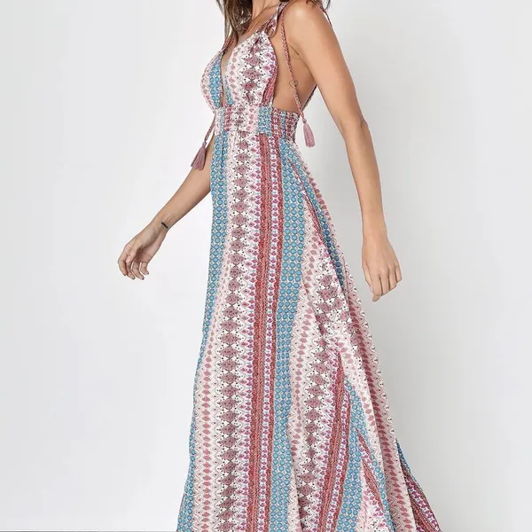 Lulus Boho Geometric Print Tassel Tie-Strap Smocked Maxi Dress Multicolor Medium - Image 3