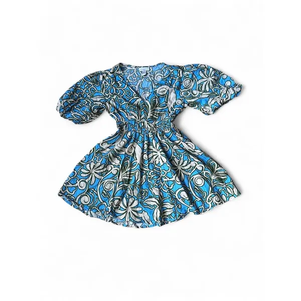 Tropical Floral Puff Sleeve Mini Dress Coastal Resort Cotton Blue Green Small - Image 5