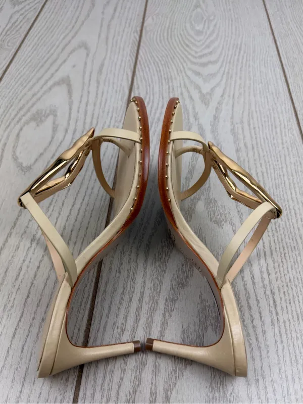 Schutz Women's Amarilis Stiletto Heel Leather Sandals 7B Natural & Gold $178 - Image 4