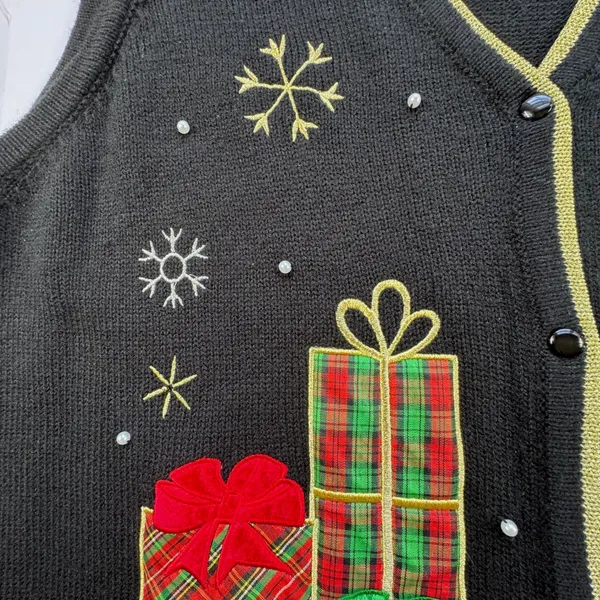 Holiday Time Christmas Sweater Vest Womens 2X 20 Black Gold Embroidered‎ Beaded - Image 5