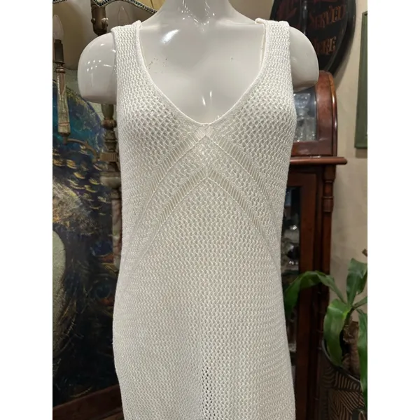 Boho Crochet Knit Maxi Cover Up Dress White Sleeveless V-Back Summer Resort - Image 5