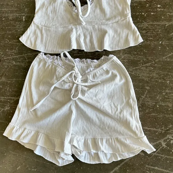 White Lace Trim Ruffle Lacing Lounge Set - Image 4