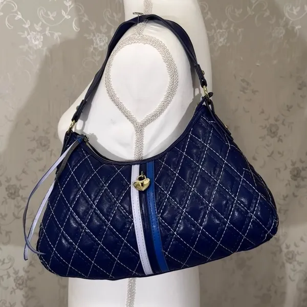 Victoria’s Secret Quilted Navy Blue Shoulder Bag w/ Heart Charm Y2K Vintage - Image 6
