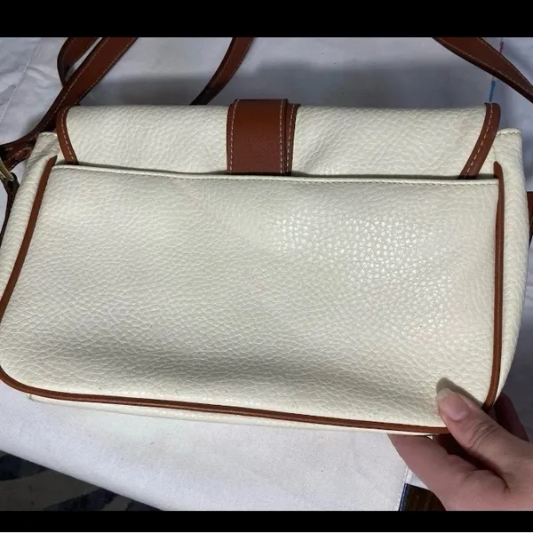 Vintage Style Ivory & Brown Faux Leather Crossbody Shoulder Bag Preowned - Image 3