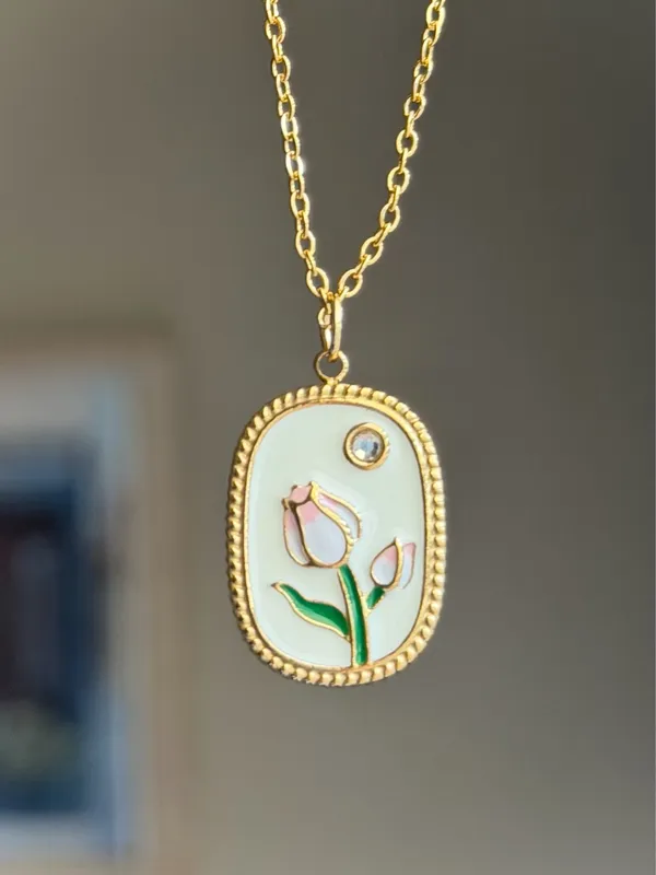 Handmade gold tone stainless steel cute chic tulip necklace🌷🩷 - Image 4