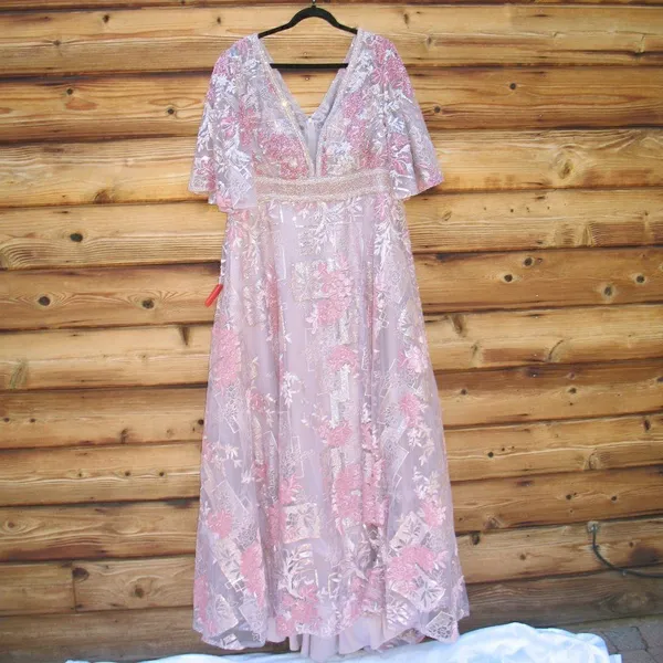 Mac Duggal Size 18 Pink Embroidered Floral V Neck Maxi Dress Gown - Image 6
