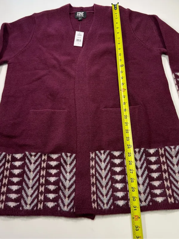 Frye Burgundy Open-Front Cardigan with Cream Geometric Trim Size XL - Image 3