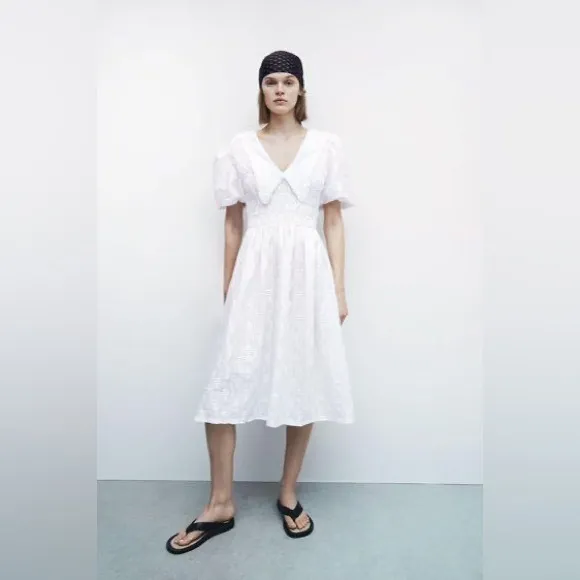 Zara White Embroidered Eyelet Lace Midi Dress‎ in Oyster White Size Small - Image 2