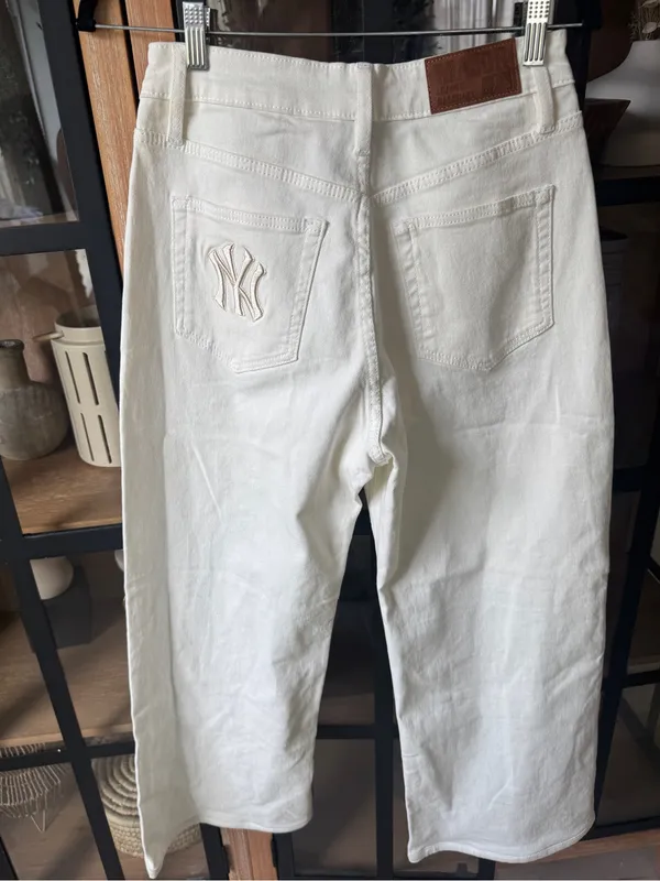 MLB Yankees jeans embroidered barrel wide leg mid rise baggy baseball new york - Image 2