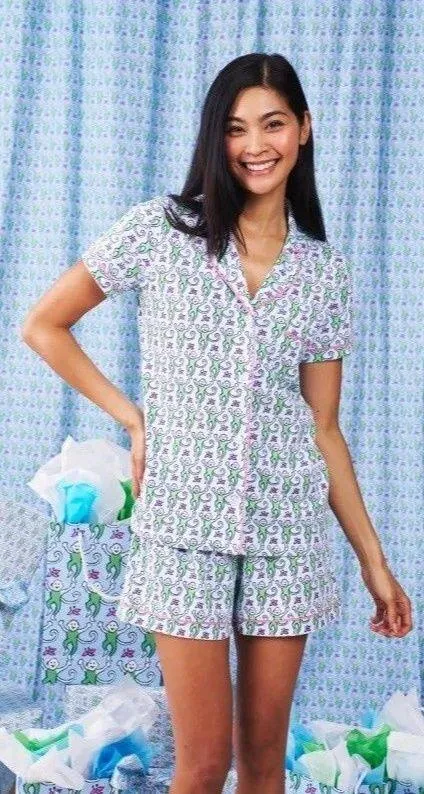 New Roller Rabbit Blue Green Lovely Monkey 12 Days Polo PJ Pajama Short S - Image 2