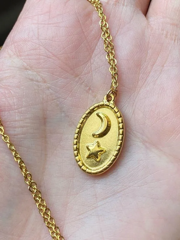 Handmade gold stainless steel celestial whimsical vintage oval moon & star necklace🌟 - Image 6