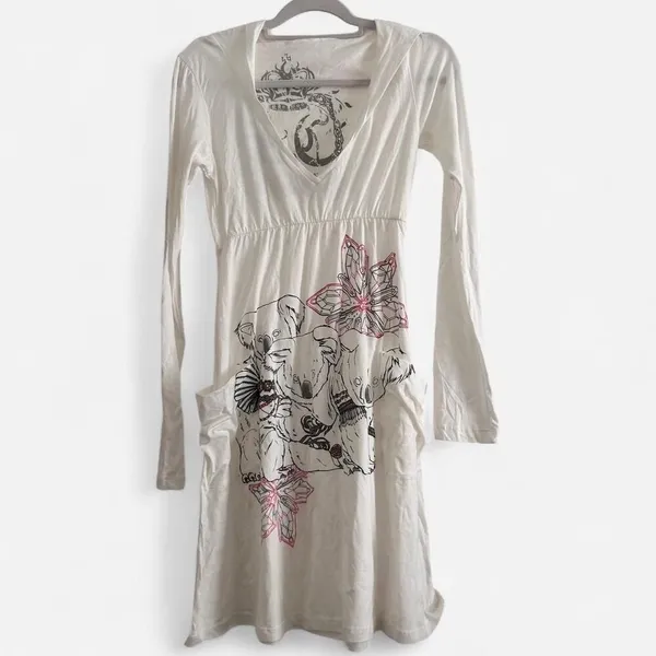 Vintage Y2K Key Closet White Koala Graphic Tunic Dress Hooded small - Image 3