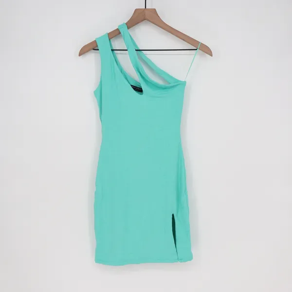 Naked Wardrobe Mint Green One Shoulder Cutout Mini Dress Size L Bodycon Slit - Image 2