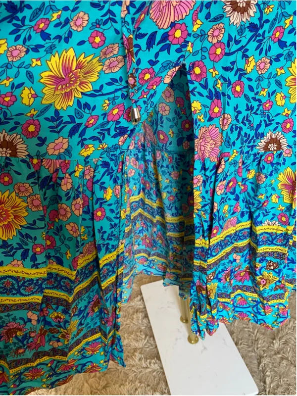 HOTOUCH XL Turquoise Floral Maxi Skirt Tiered Ruffle Slit Cottagecore Boho Flowy - Image 7