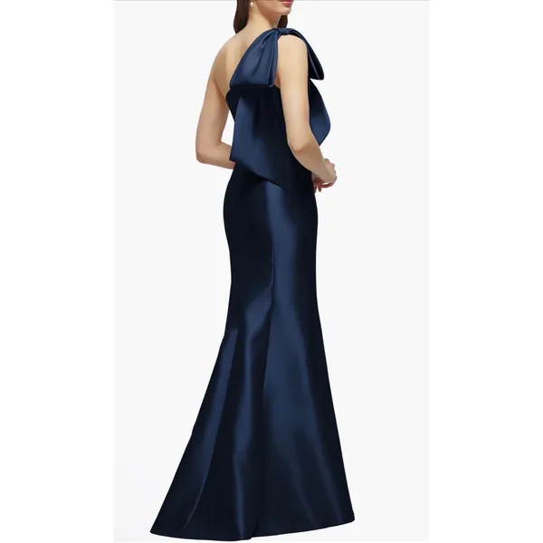NWT Alfred Sung Midnight One-Shoulder Satin Mermaid‎ Gown Bow Formal Dress Sz 8 - Image 2