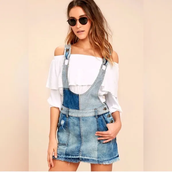 Free People Patchwork Blues Blue Denim Pinafore Dress, Size 4 - Image 7