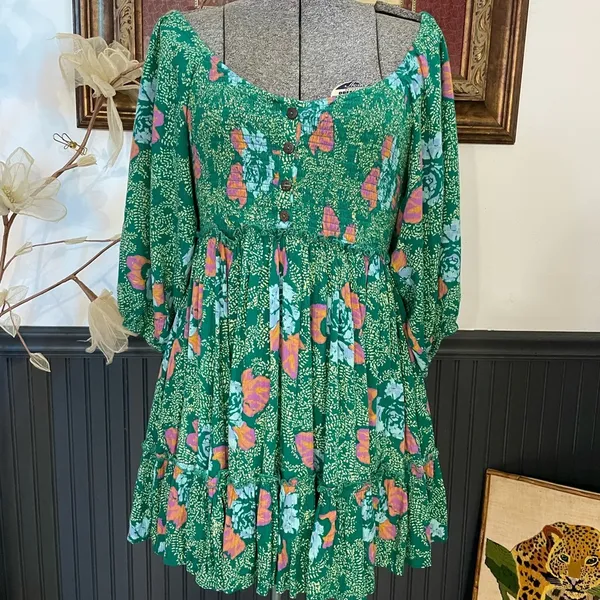 Free People Endless Summer Picnic Emerald Green Floral Boho Mini Dress - Sz S 🧡🎀 - Image 4