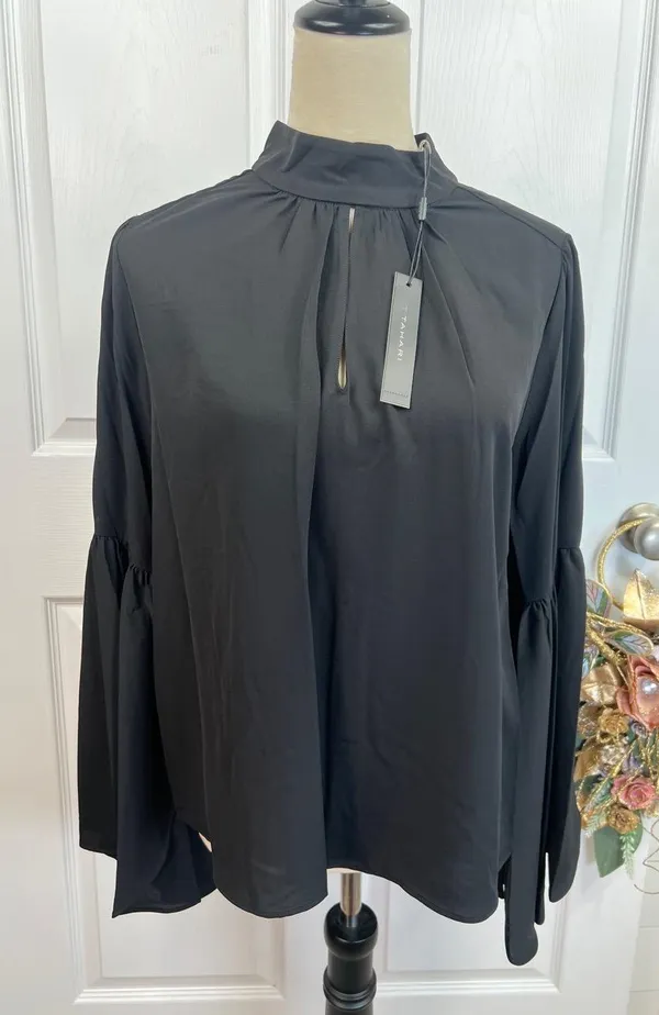 T Tahari Blouse Womens Size S Black Mock Neck Keyhole Large Bell Sleeve Chic - Image 3