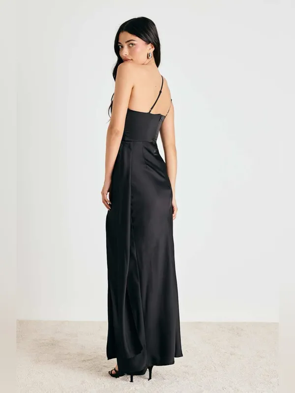 Lulus Signature Elegance Black Satin One-Shoulder Maxi Dress Size Large NWT - Image 3