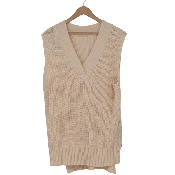 Cream V-Neck Ribbed Knit Oversized Sweater Vest Sleeveless Pullover Medium - Image 2