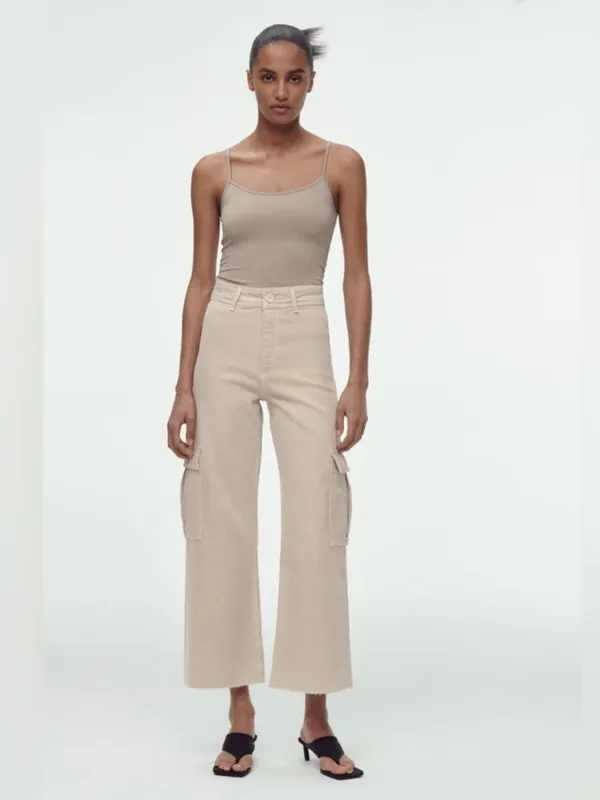 ZARA High Waisted Marine Cargo Jeans Raw Hem Khaki Beige Wide Leg Retro‎ Size 14 - Image 7