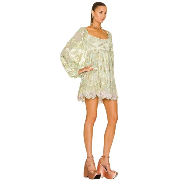 HEMANT AND NANDITA Sidra Mini Dress in Sea Green X-Small New Womens Metallic - Image 3