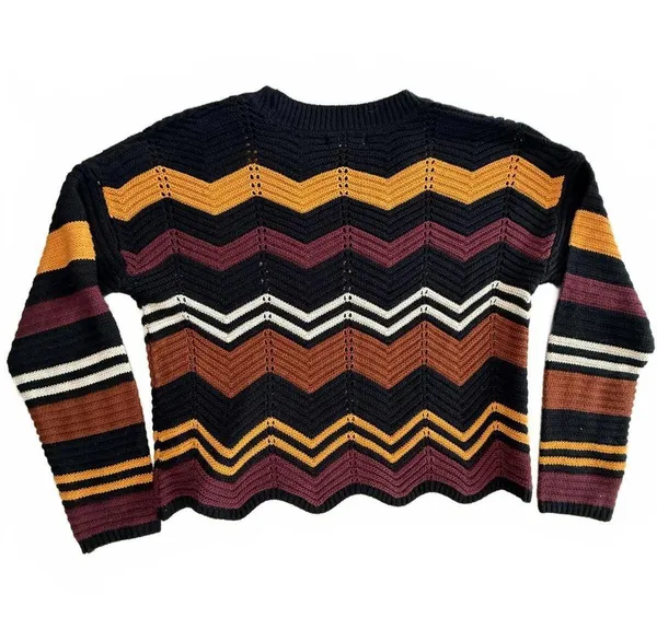 Vintage Boho Chevron Zig Zag Knit Sweater Multi-Color Earth Tones L Retro Cozy - Image 2