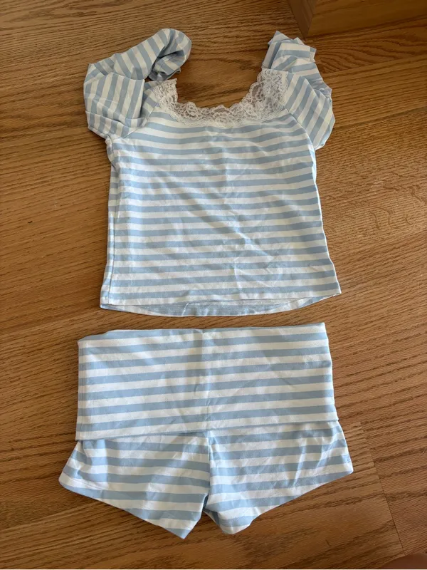 Frankie's Bikinis Light Blue & White Striped Lace-Trim Sleep Set - Image 2