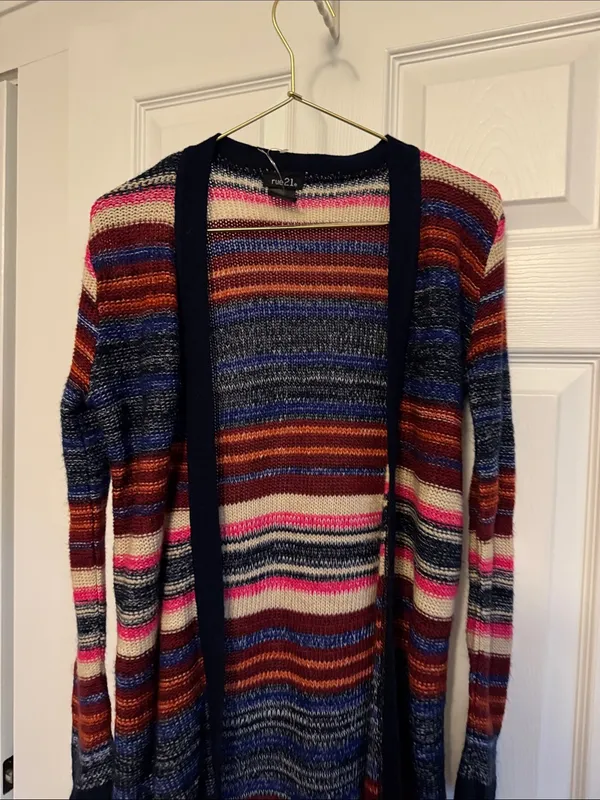 Rue21 Striped Multicolor Open Cardigan with Navy Trim - Image 4