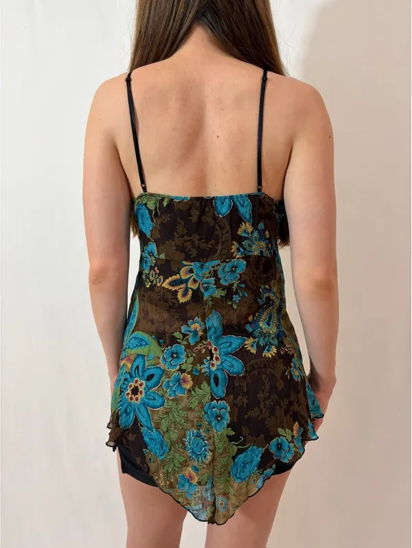 Y2K Floral Gold Embellished Brown and Blue Fairy Cami Tank Top - Image 5