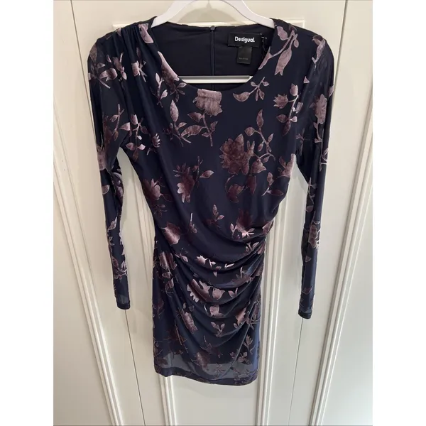 Desigual Floral Velvet Burnout Ruched Mini Dress Size Small Medora Whimsigoth - Image 3