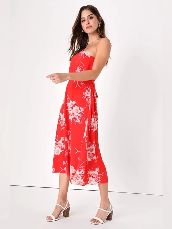 NEW Lulus Brunch Besties Red Floral One Shoulder Midi‎ Graduation Wedding Dress - Image 5
