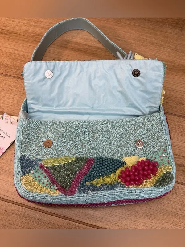 Handcrafted in India Beaded Coastal Coral Reef Shoulder Handbag Purse Teal Aqua - Image 9