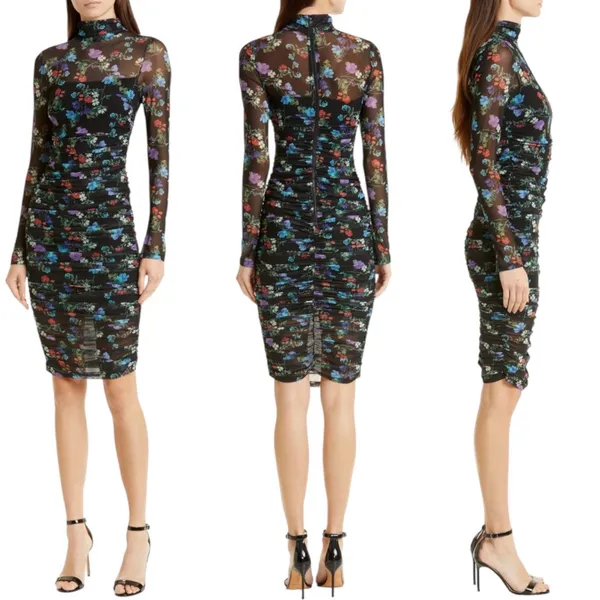 Alice + Olivia Delora Floral Black Mesh Ruched Turtleneck Dress Size 4 Romantic‎ - Image 8