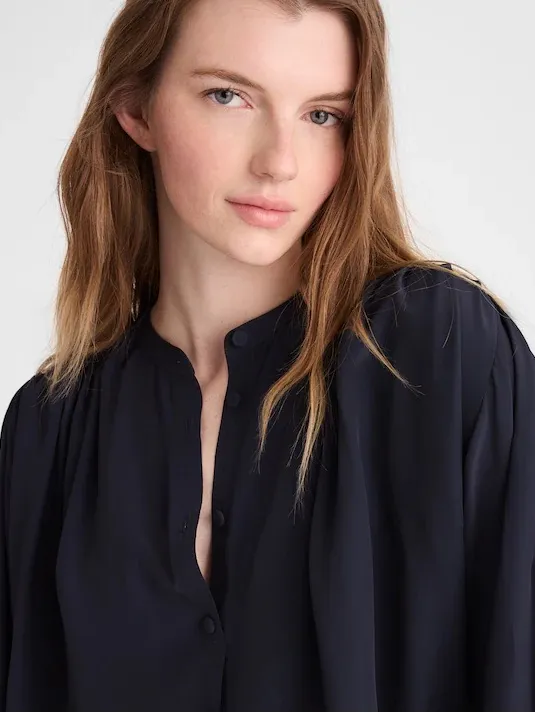 Madewell Shirred Crewneck Button-Up Top crepe de chine navy 3/4 sleeve Sz S NWT - Image 3