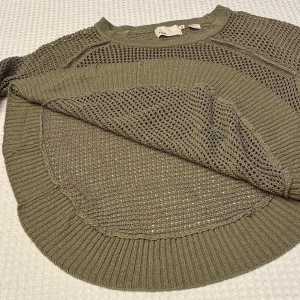 Anthropologie YOON Olive Green Open-Weave Crewneck Raglan Sleeve Poncho Sweater - Image 7