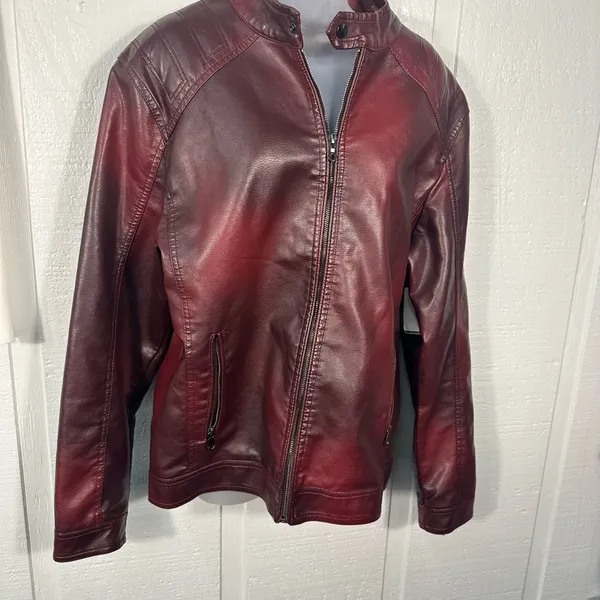 Burgundy Faux Leather Bomber Jacket No Size See Measurements EUC - Image 11
