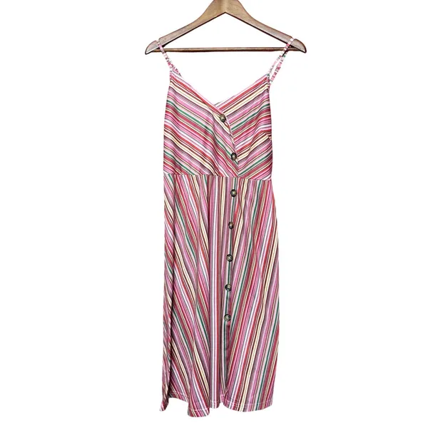 Oxiuli‎ Midi Sundress Women Size XL Multicolor Pink Striped Smocked Back Summer - Image 2