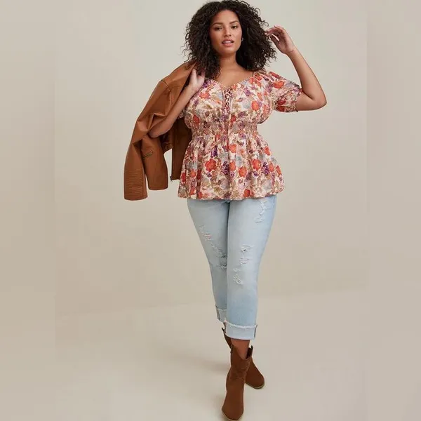 Torrid Harvest Floral Georgette Eyelet Smocked Waist Puff Sleeve Top - size 1 - Image 10