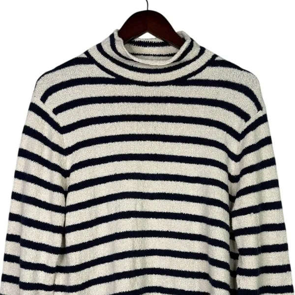 J. Crew Striped Knit Boucle Mock Neck Long Sleeve Sweater L Cream Navy Blue - Image 2
